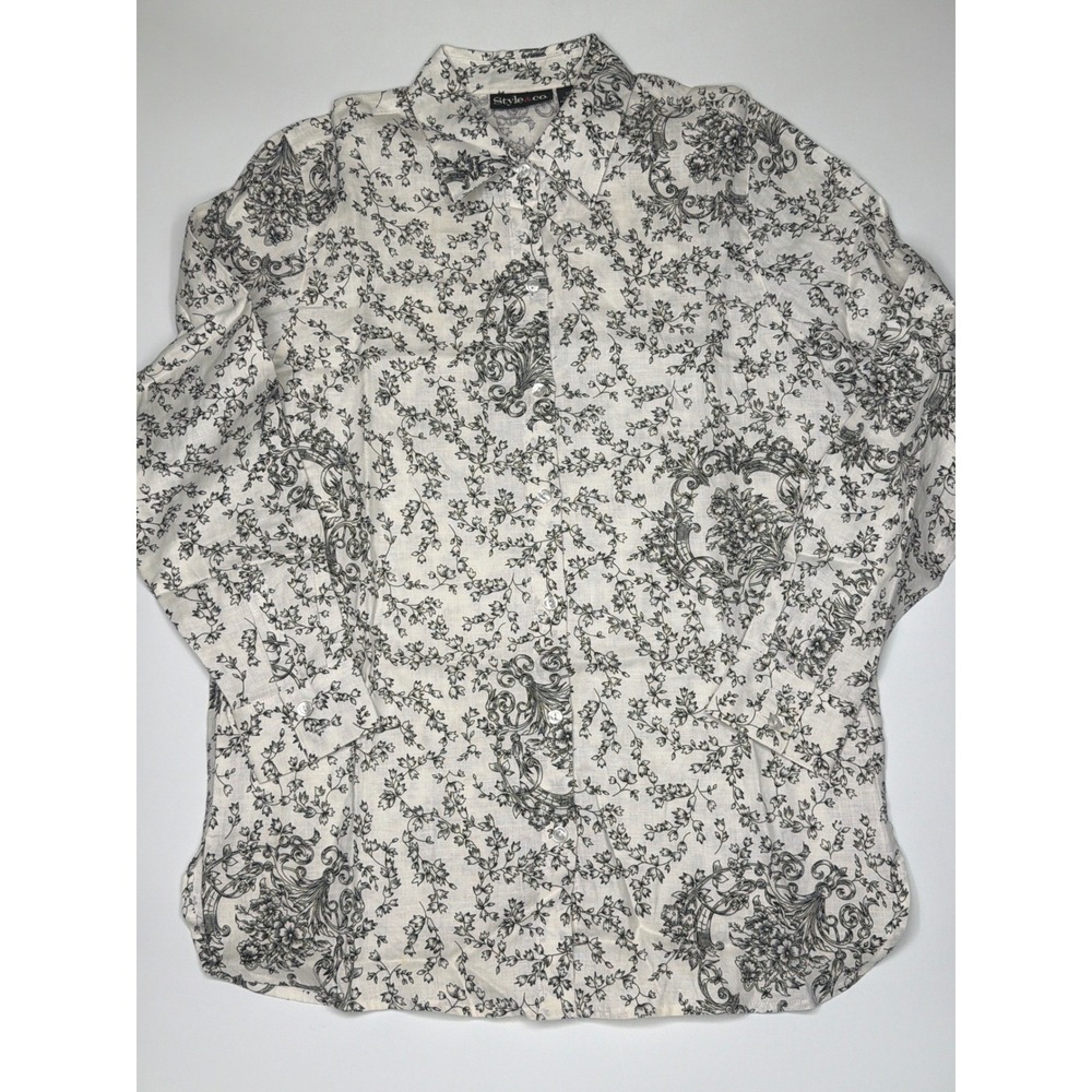 Style & Co Womens 100% Linen Button Up Shirt Blouse Top Floral Print Size S